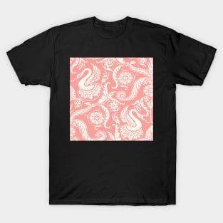 Cream on Peach Classy Medieval Damask Swans T-Shirt